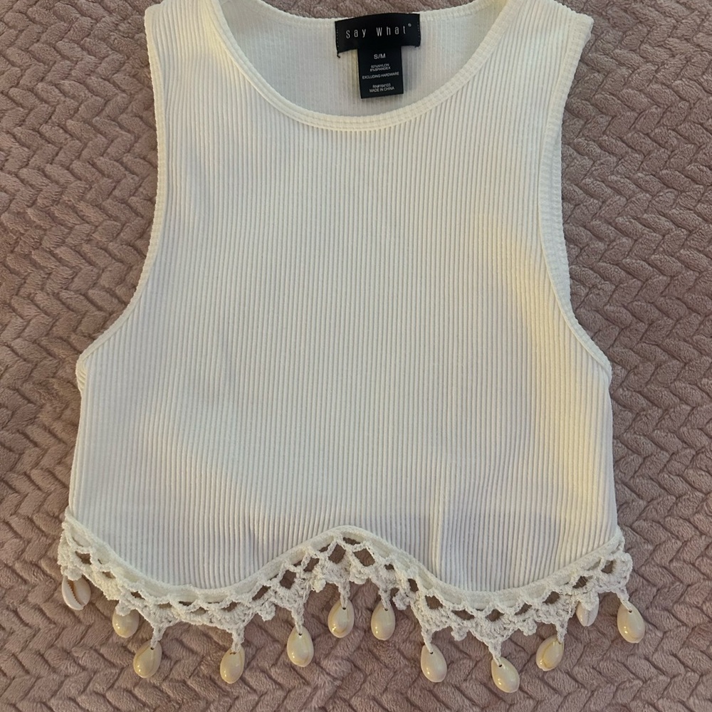 Say What? White Ribbed Tank Top with Sea Shells